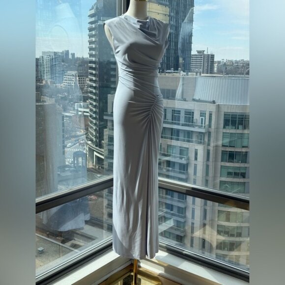 🆕 SIMKHAI 🧿 NWOT Acacia Draped Ruched Jersey Midi Dress, Blue Haze - Sz XS - Picture 6 of 15